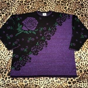 Vintage 90s Nutcracker Purple Glitter Rose Sweater